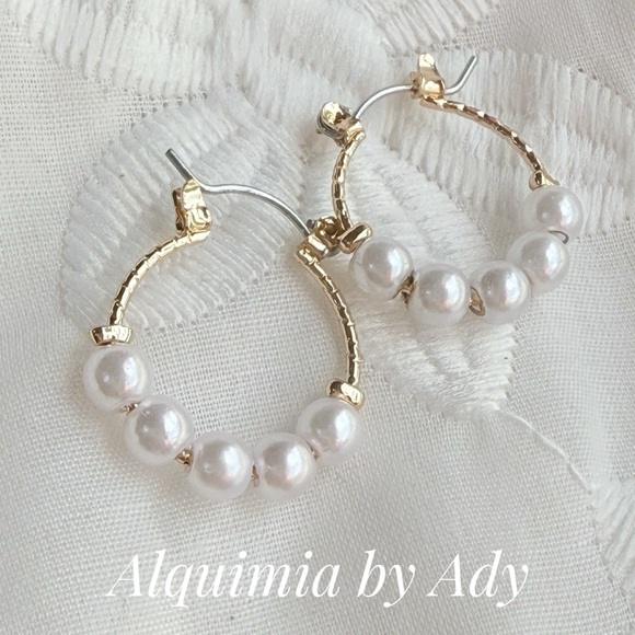 Hammered Gold Pearl Hoop Earrings: Elegant Bridal Dangle - Etsy Hammered Gold Pearl Semi‑Hoop Earrings • Bold Boutique Statement